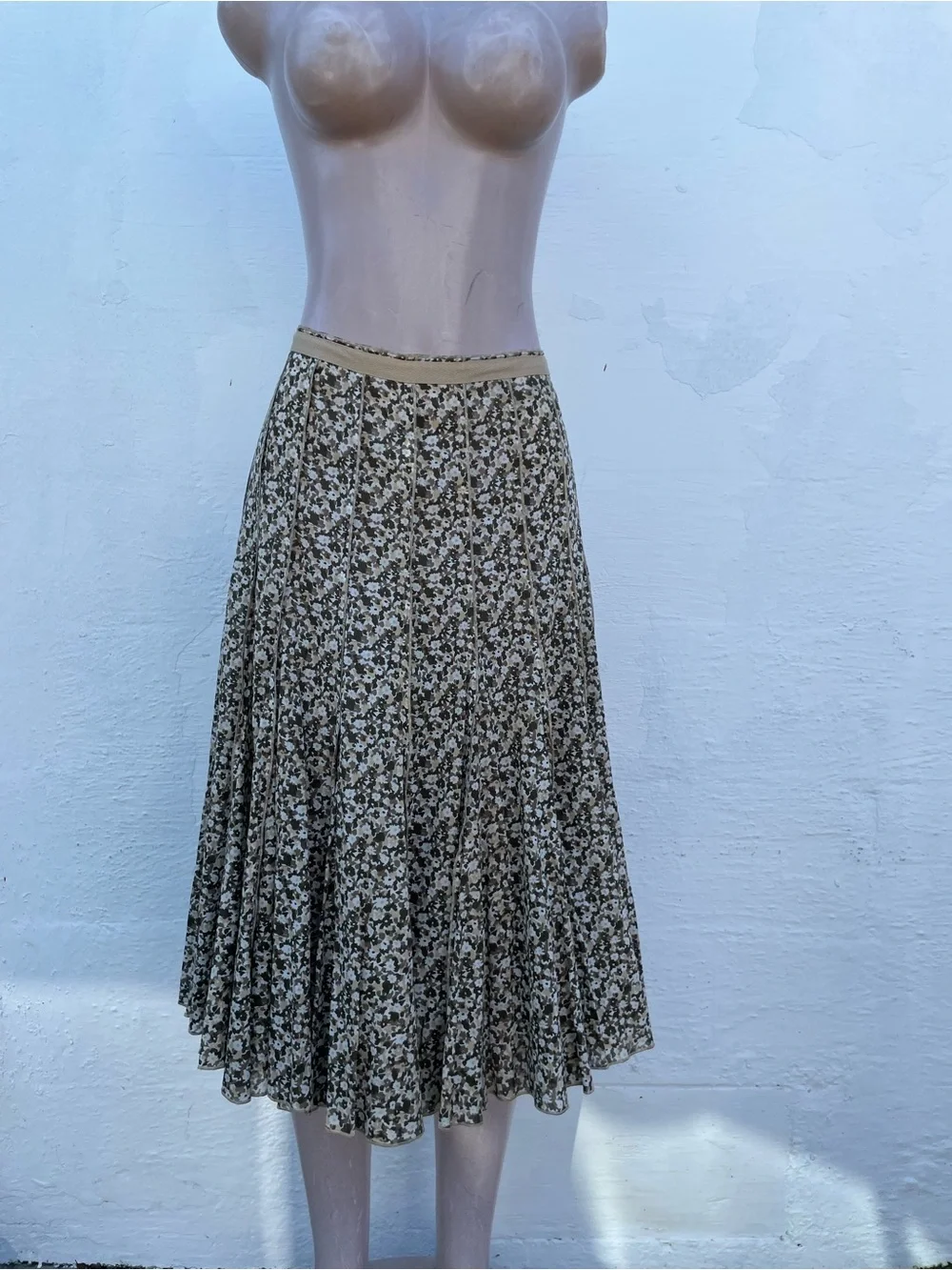 Michael Kors Olive and Cream Floral Pleated Midi Skirt